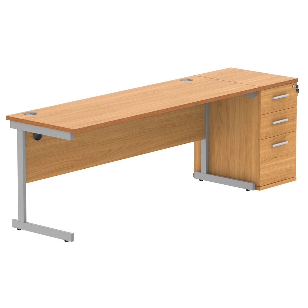 Single Upright Rectangular Desk + Desk High Pedestal (FSC) | 1800 X 600 | Norwegian Beech/Silver