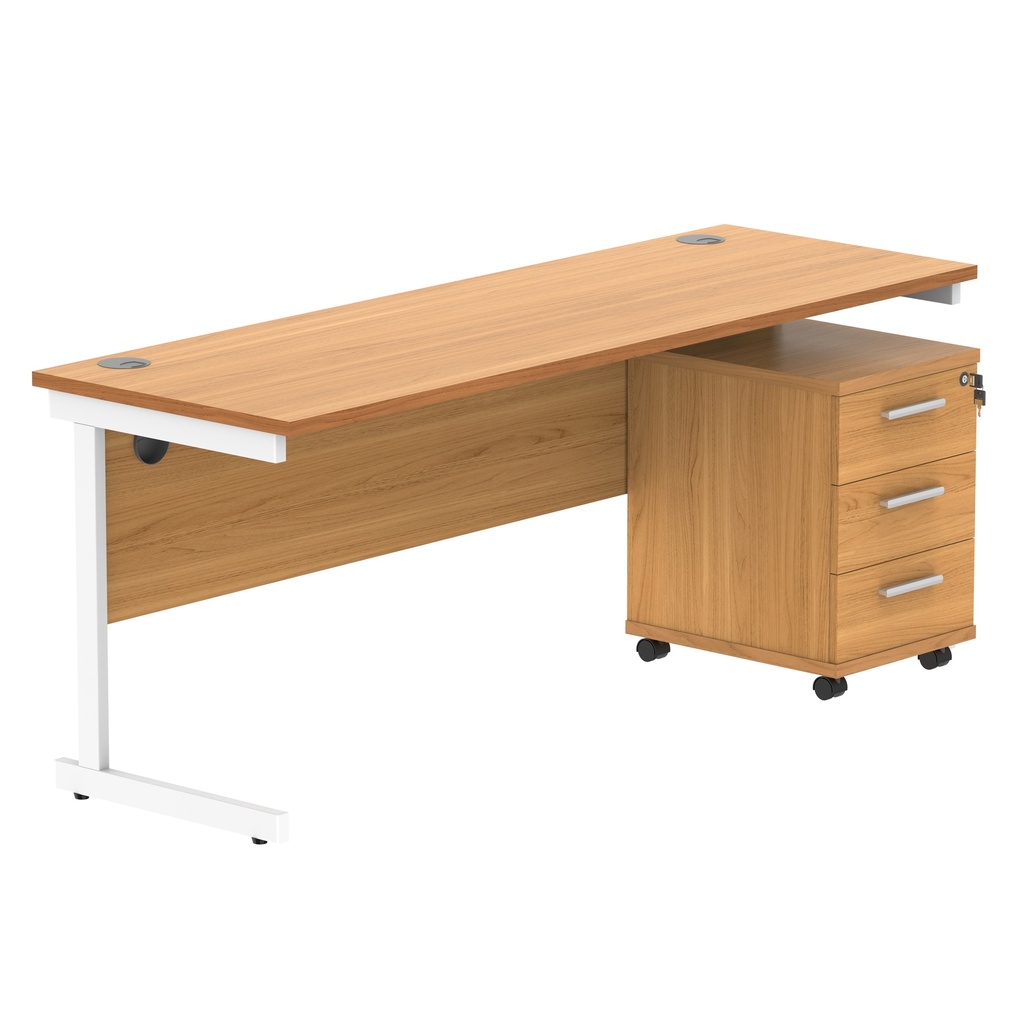 Single Upright Rectangular Desk + 3 Drawer Mobile Under Desk Pedestal (FSC) | 1800 X 600 | Norwegian Beech/White