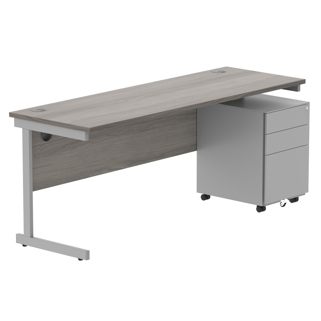 CORE Single Upright Rectangular Desk + Under Desk Steel Pedestal 3 Drawers (FSC) | 1800 X 600 | Alaskan Grey Oak/Silver