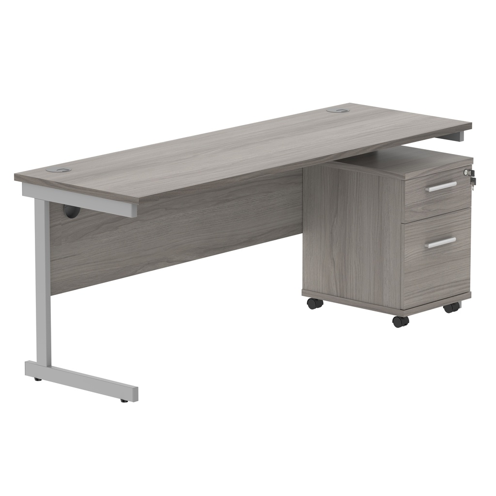 Single Upright Rectangular Desk + 2 Drawer Mobile Under Desk Pedestal (FSC) | 1800 X 600 | Alaskan Grey Oak/Silver