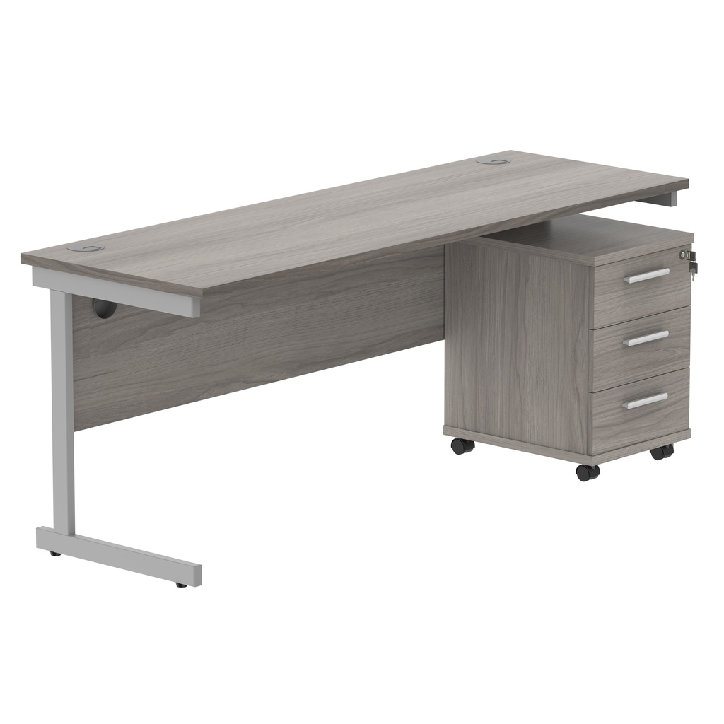 Single Upright Rectangular Desk + 3 Drawer Mobile Under Desk Pedestal (FSC) | 1800 X 600 | Alaskan Grey Oak/Silver