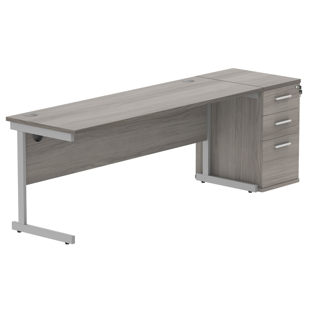 Single Upright Rectangular Desk + Desk High Pedestal (FSC) | 1800 X 600 | Alaskan Grey Oak/Silver