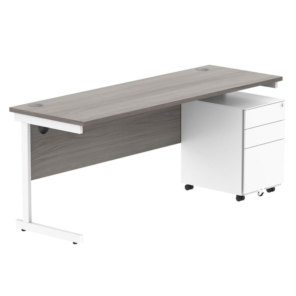 CORE Single Upright Rectangular Desk + Under Desk Steel Pedestal 3 Drawers (FSC) | 1800 X 600 | Alaskan Grey Oak/White