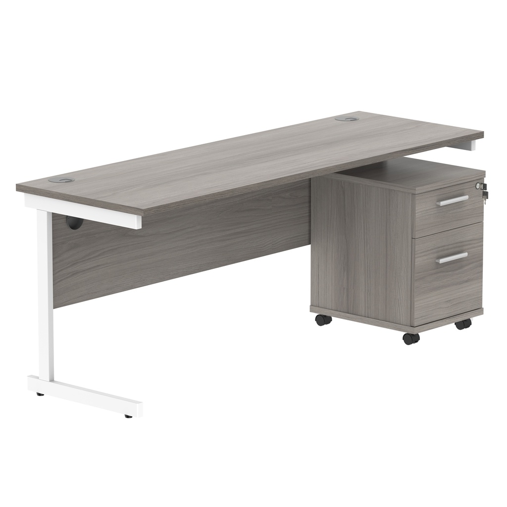 Single Upright Rectangular Desk + 2 Drawer Mobile Under Desk Pedestal (FSC) | 1800 X 600 | Alaskan Grey Oak/White