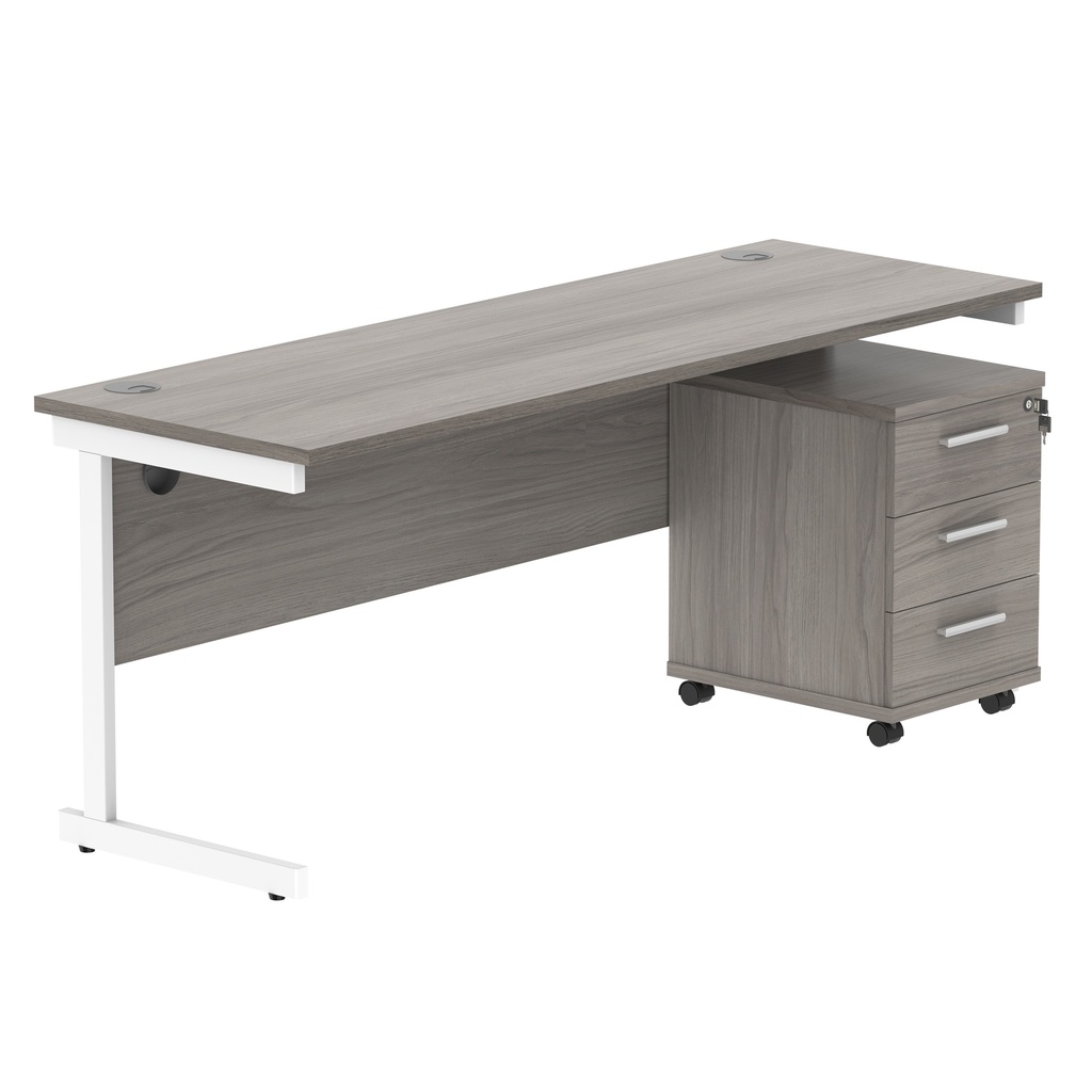 Single Upright Rectangular Desk + 3 Drawer Mobile Under Desk Pedestal (FSC) | 1800 X 600 | Alaskan Grey Oak/White