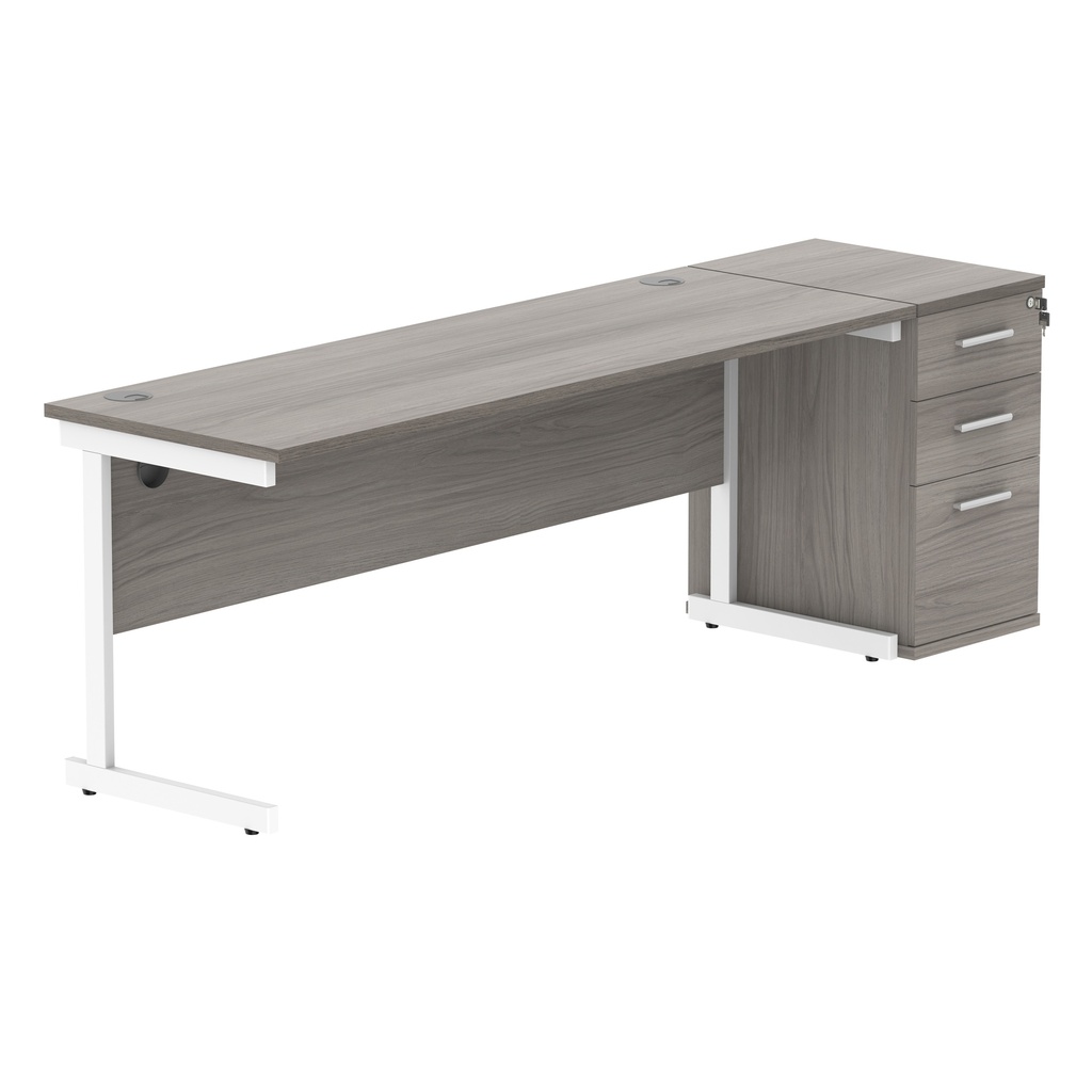 Single Upright Rectangular Desk + Desk High Pedestal (FSC) | 1800 X 600 | Alaskan Grey Oak/White