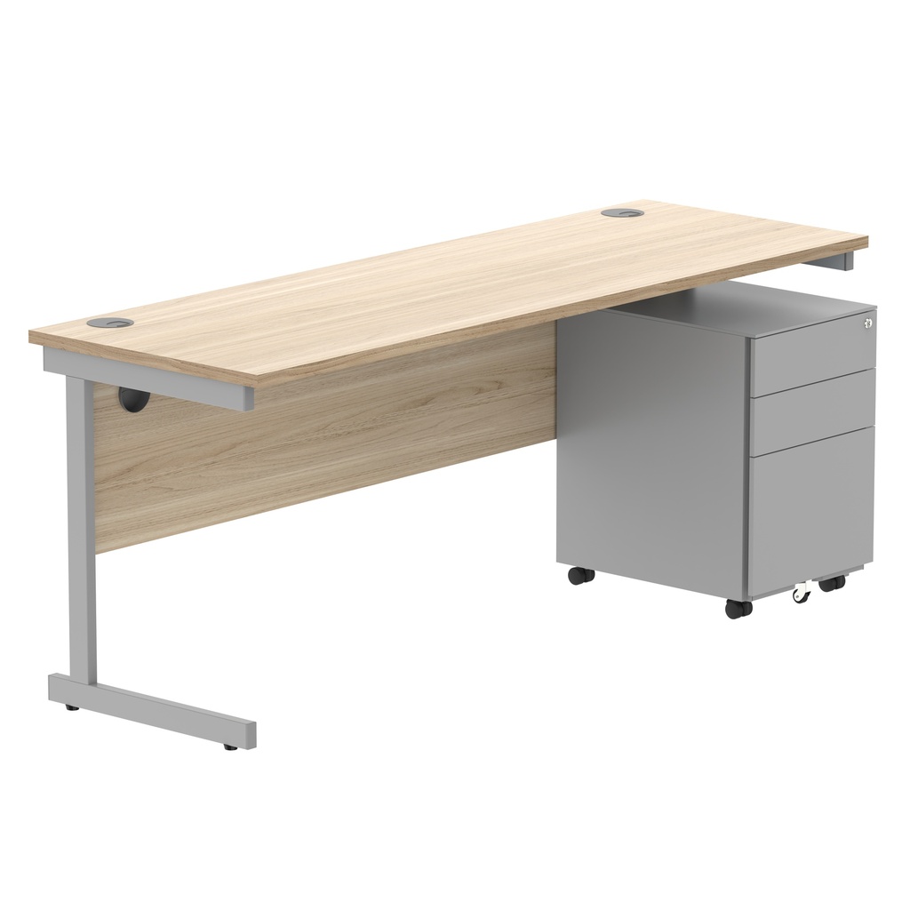 CORE Single Upright Rectangular Desk + Under Desk Steel Pedestal 3 Drawers (FSC) | 1800 X 600 | Canadian Oak/Silver