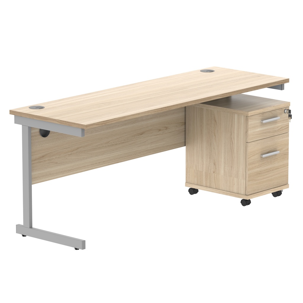 Single Upright Rectangular Desk + 2 Drawer Mobile Under Desk Pedestal (FSC) | 1800 X 600 | Canadian Oak/Silver