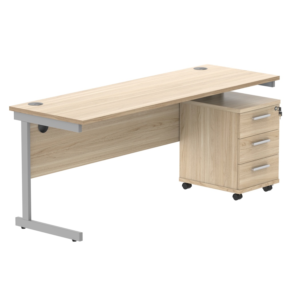 Single Upright Rectangular Desk + 3 Drawer Mobile Under Desk Pedestal (FSC) | 1800 X 600 | Canadian Oak/Silver
