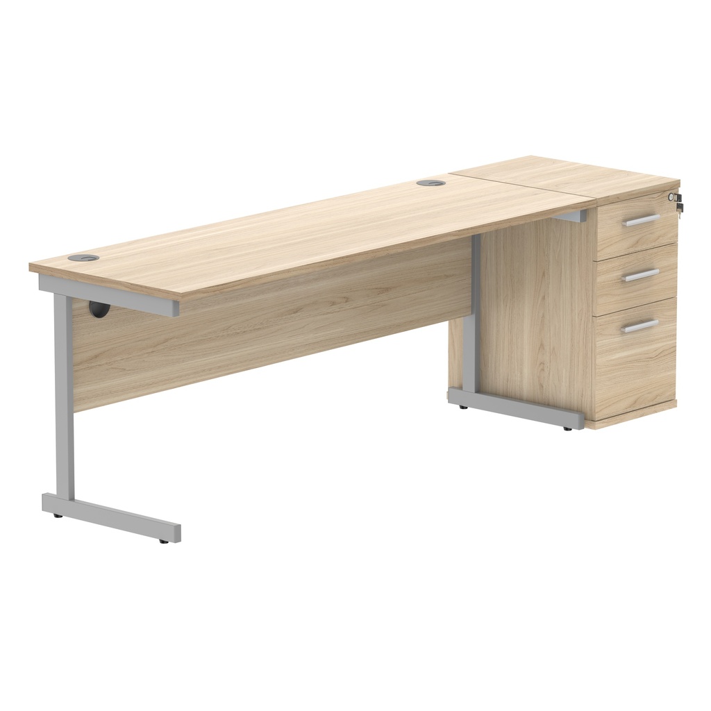 Single Upright Rectangular Desk + Desk High Pedestal (FSC) | 1800 X 600 | Canadian Oak/Silver