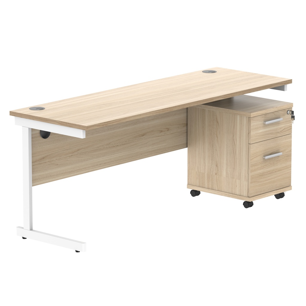 Single Upright Rectangular Desk + 2 Drawer Mobile Under Desk Pedestal (FSC) | 1800 X 600 | Canadian Oak/White
