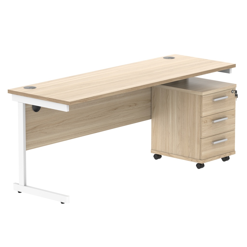 Single Upright Rectangular Desk + 3 Drawer Mobile Under Desk Pedestal (FSC) | 1800 X 600 | Canadian Oak/White