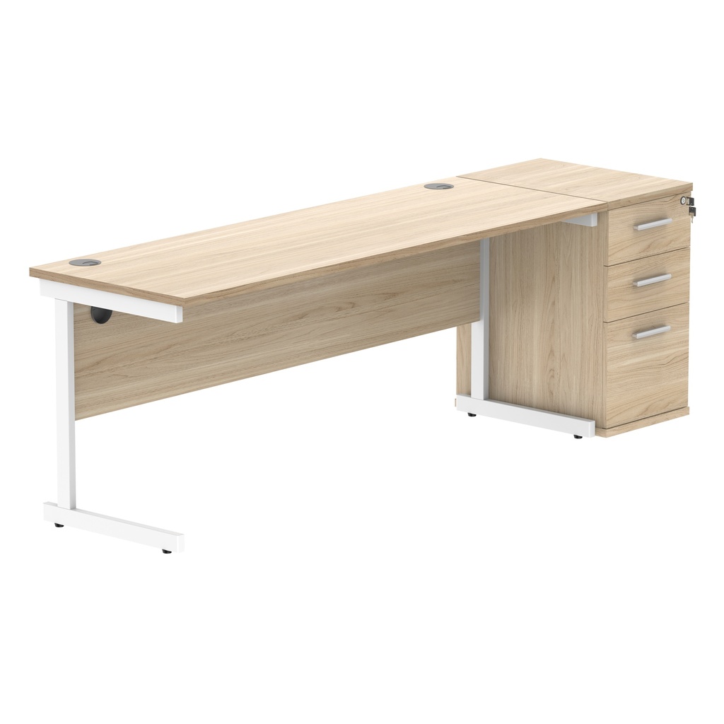 Single Upright Rectangular Desk + Desk High Pedestal (FSC) | 1800 X 600 | Canadian Oak/White