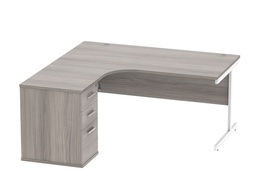 [COREBUNSU1612LGOAKSV] Single Upright Left Hand Radial Desk + Desk High Pedestal (FSC) | 600mm Deep Pedestal | 1600 X 1200 | Alaskan Grey Oak/Silver