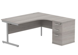 [COREBUNSU1612RGOAKSV] Single Upright Right Hand Radial Desk + Desk High Pedestal (FSC) | 600mm Deep Pedestal | 1600 X 1200 | Alaskan Grey Oak/Silver