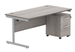 [COREBUNSU1680GOAKSV2] Single Upright Rectangular Desk + 2 Drawer Mobile Under Desk Pedestal (FSC) | 1600 X 800 | Alaskan Grey Oak/Silver