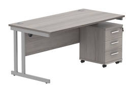 [COREBUNDU1680GOAKSV3] Double Upright Rectangular Desk + 3 Drawer Mobile Under Desk Pedestal (FSC) | 1600X800 | Alaskan Grey Oak/Silver