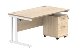 [COREBUNDU1480OKWH2] Double Upright Rectangular Desk + 2 Drawer Mobile Under Desk Pedestal (FSC) | 1400X800 | Canadian Oak/White