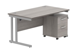 [COREBUNDU1480GOAKSV2] Double Upright Rectangular Desk + 2 Drawer Mobile Under Desk Pedestal (FSC) | 1400X800 | Alaskan Grey Oak/Silver