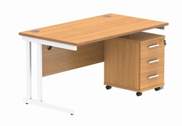 [COREBUNDU1480BCHWH3] Double Upright Rectangular Desk + 3 Drawer Mobile Under Desk Pedestal (FSC) | 1400X800 | Norwegian Beech/White