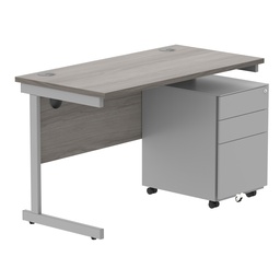 [COREBUNSU1260GOAKSV+USMP3SV] CORE Single Upright Rectangular Desk + Under Desk Steel Pedestal 3 Drawers (FSC) | 1200 X 600 | Alaskan Grey Oak/Silver