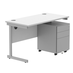 [COREBUNSU1260WHTSV+USMP3SV] CORE Single Upright Rectangular Desk + Under Desk Steel Pedestal 3 Drawers (FSC) | 1200 X 600 | Arctic White/Silver