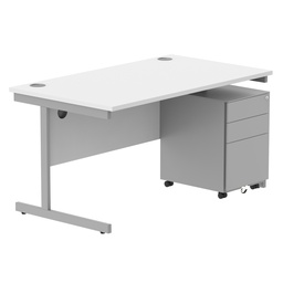 [COREBUNSU1480WHTSV+USMP3SV] CORE Single Upright Rectangular Desk + Under Desk Steel Pedestal 3 Drawers (FSC) | 1400 X 800 | Arctic White/Silver