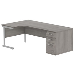 [COREBUNSU1612LDHGOAKSV] Single Upright Left Hand Radial Desk + Desk High Pedestal (FSC) | 800mm Deep Pedestal | 1600 X 1200 | Alaskan Grey Oak/Silver