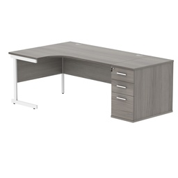 [COREBUNSU1612LDHGOAKWH] Single Upright Left Hand Radial Desk + Desk High Pedestal (FSC) | 800mm Deep Pedestal | 1600 X 1200 | Alaskan Grey Oak/White