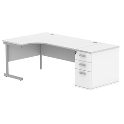 [COREBUNSU1612LDHWHTSV] Single Upright Left Hand Radial Desk + Desk High Pedestal (FSC) | 800mm Deep Pedestal | 1600 X 1200 | Arctic White/Silver