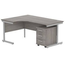 [COREBUNSU1612LGOAKSV3] Single Upright Left Hand Radial Desk + 3 Drawer Mobile Under Desk Pedestal (FSC) | 1600 X 1200 | Alaskan Grey Oak/Silver