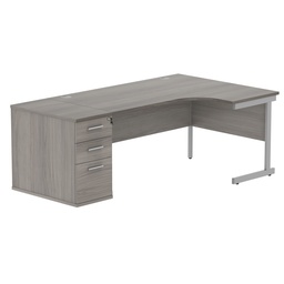 [COREBUNSU1612RDHGOAKSV] Single Upright Right Hand Radial Desk + Desk High Pedestal (FSC) | 800mm Deep Pedestal | 1600 X 1200 | Alaskan Grey Oak/Silver