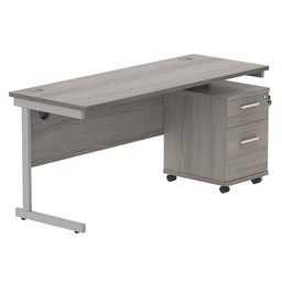[COREBUNSU1660GOAKSV2] Single Upright Rectangular Desk + 2 Drawer Mobile Under Desk Pedestal (FSC) | 1600 X 600 | Alaskan Grey Oak/Silver