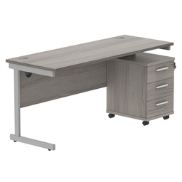 [COREBUNSU1660GOAKSV3] Single Upright Rectangular Desk + 3 Drawer Mobile Under Desk Pedestal (FSC) | 1600 X 600 | Alaskan Grey Oak/Silver