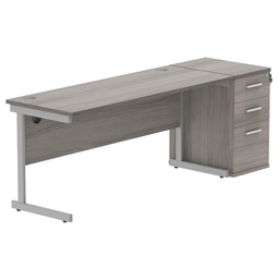 [COREBUNSU1660GOAKSVDH] Single Upright Rectangular Desk + Desk High Pedestal (FSC) | 1600 X 600 | Alaskan Grey Oak/Silver