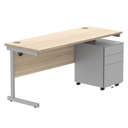 [COREBUNSU1660OKSV+USMP3SV] CORE Single Upright Rectangular Desk + Under Desk Steel Pedestal 3 Drawers (FSC) | 1600 X 600 | Canadian Oak/Silver