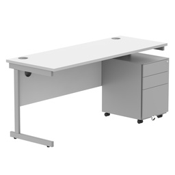 [COREBUNSU1660WHTSV+USMP3SV] CORE Single Upright Rectangular Desk + Under Desk Steel Pedestal 3 Drawers (FSC) | 1600 X 600 | Arctic White/Silver
