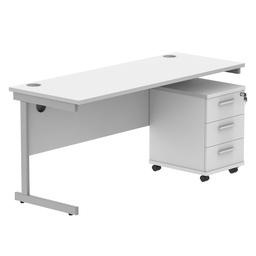 [COREBUNSU1660WHTSV3] Single Upright Rectangular Desk + 3 Drawer Mobile Under Desk Pedestal (FSC) | 1600 X 600 | Arctic White/Silver