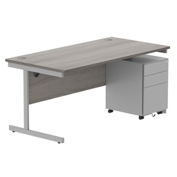 [COREBUNSU1680GOAKSV+USMP3SV] CORE Single Upright Rectangular Desk + Under Desk Steel Pedestal 3 Drawers (FSC) | 1600 X 800 | Alaskan Grey Oak/Silver