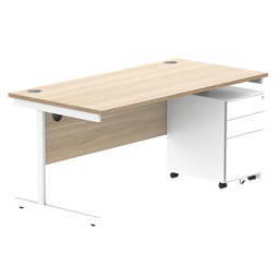 [COREBUNSU1680OKWH+USMP3WH] CORE Single Upright Rectangular Desk + Under Desk Steel Pedestal 3 Drawers (FSC) | 1600 X 800 | Canadian Oak/White