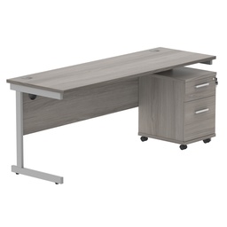 [COREBUNSU1860GOAKSV2] Single Upright Rectangular Desk + 2 Drawer Mobile Under Desk Pedestal (FSC) | 1800 X 600 | Alaskan Grey Oak/Silver