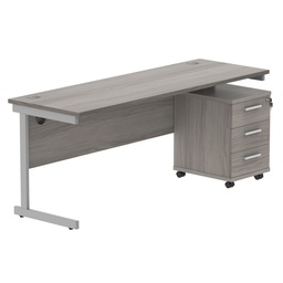 [COREBUNSU1860GOAKSV3] Single Upright Rectangular Desk + 3 Drawer Mobile Under Desk Pedestal (FSC) | 1800 X 600 | Alaskan Grey Oak/Silver